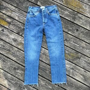 AGOLDE Riley Crop Jeans 24 Medium/Dark Wash Frayed Hem High Rise Made in Turkey